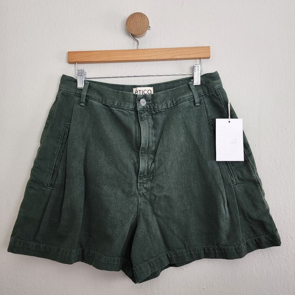 NWT Etica Max Pleated High Waisted Denim Shorts Seaweed Olive Green 31